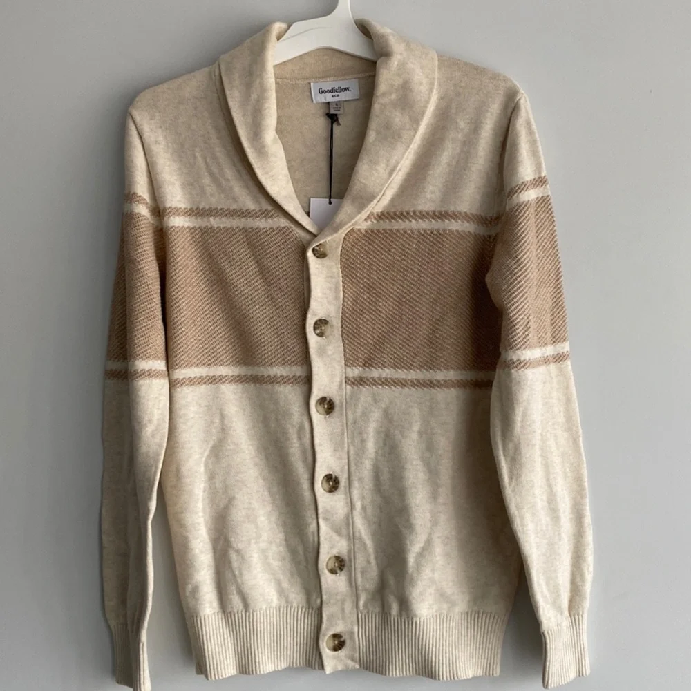 Men’s Cotton Knit Cardigan Lapel Collar Button Down Goodfellow & Co Cream Size S - Picture 1 of 5